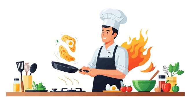 Chef cooking delicious food in a professional kitchen.