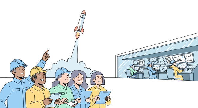 Diverse team of engineers and scientists celebrating successful rocket launch.
