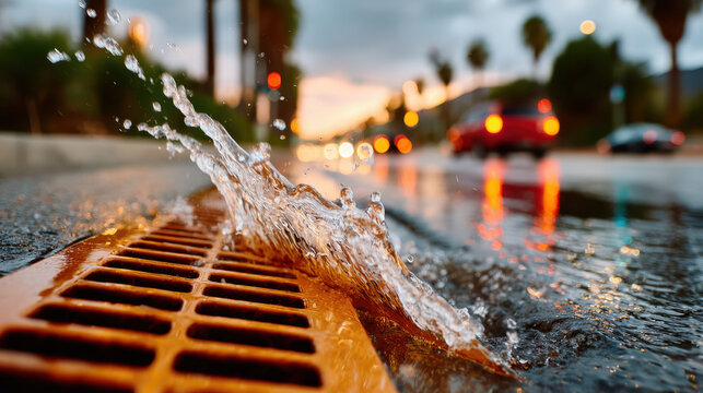 Heavy rain causes urban flooding as storm drain overflows at city curb during downpour