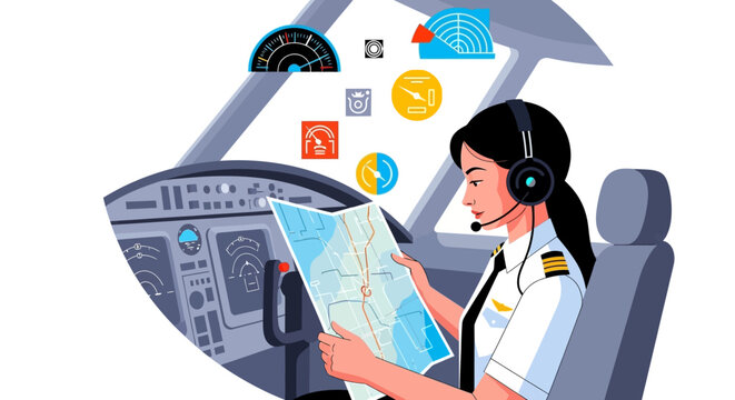 Female pilot studying flight map in cockpit with aviation instruments.