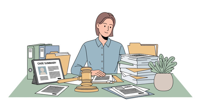Lawyer working diligently at a cluttered desk with legal documents.