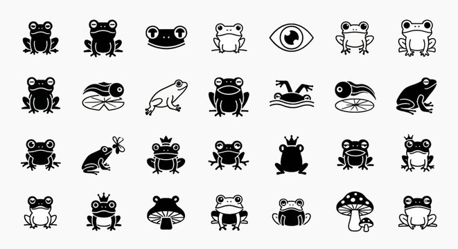 Collection of Cute Frog Icons and Illustrations Featuring Various Poses and Styles on White Background