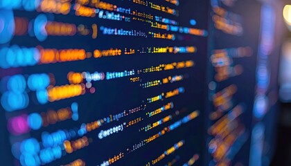 Fototapeta premium Colorful Software Code Displayed on Dark Computer Screen in Digital Workspace