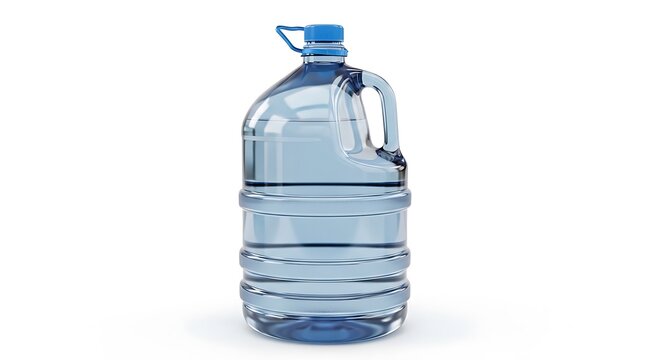 Large plastic water jug with a blue cap and handle for hydration and beverage supply at home or office. 5 gallon jug