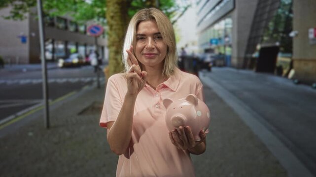 Young woman holds pink piggy bank while crossing fingers with her hand on a city street; hopeful savings future.