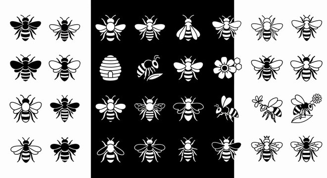 Collection of Bee Icons and Illustrations Featuring Various Poses, Hive, and Flowers in Black and White Style