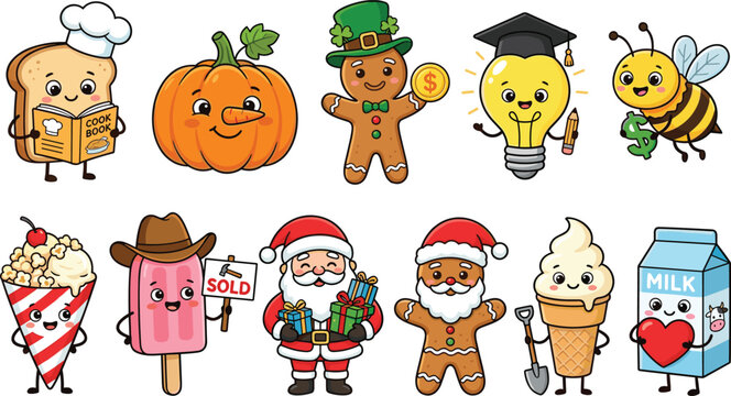 Cute Mixed Cartoon Mascot Character Set Featuring Santa Claus Holiday Food and Autumn Icons for Kids Graphic Sticker Designs