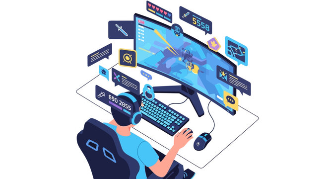 Gamer immersed in virtual reality gaming setup.