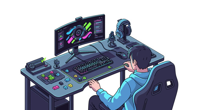 Gamer sitting at a desk with a computer and gaming equipment.