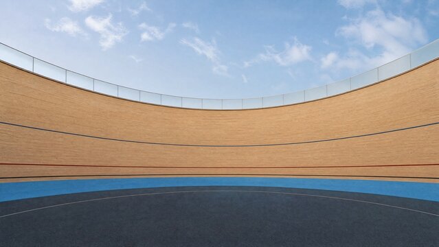 A steeply banked curved section of a velodrome track.