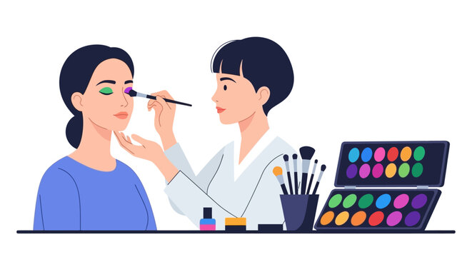 Makeup artist applying eyeshadow to a client.