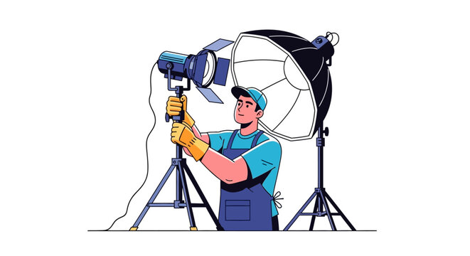 Man Adjusting Professional Photography Studio Lighting Equipment.