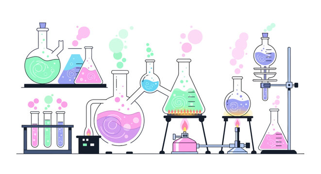 Colorful Chemistry Lab Equipment with Bubbling Liquids and Smoke.