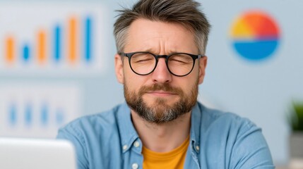 Fototapeta premium Male office worker with glasses and beard squints while sitting at desk with laptop, colorful charts and graphs visible on the wall behind him