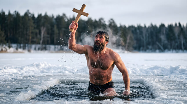 Muscular bearded man holding a wooden cross while rising from a hole in a frozen lake during an Orthodox Epiphany winter swimming ritual.