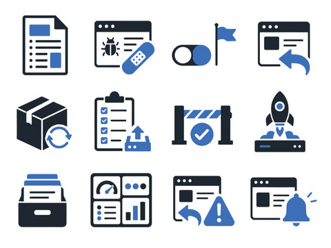 Technical icon set for release notes, bug hotfixes, feature flags, rollback, version updates, deployment checklists, and software launch support