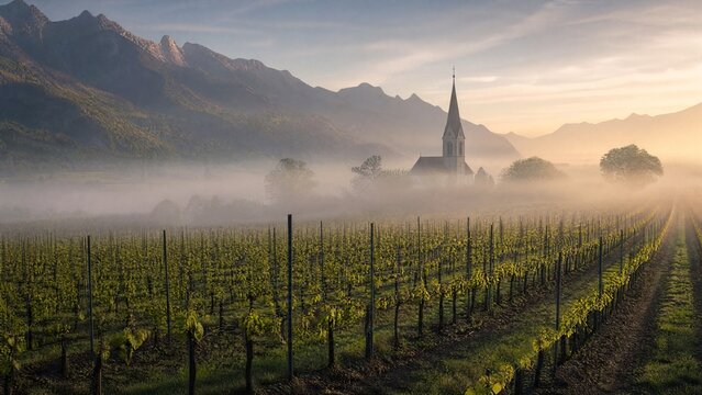 New vineyard in morning mist at Alps foothills with distant church spire.