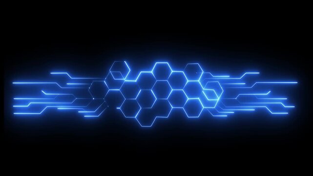 Abstract neon concept featuring hexagons and icons on a clean black background . cyber elements, and futuristic technology motifs. Animated Glowing abstract wave technology circuit icon .4k video 
