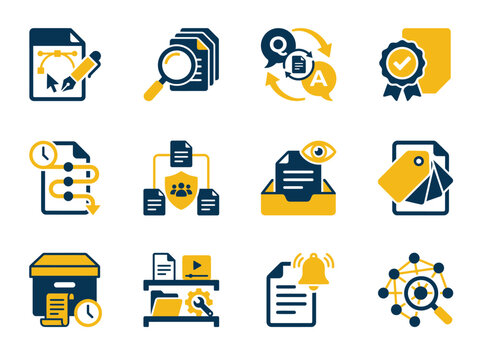 Unique vector icons for internal knowledge base management, team wiki systems, article approval, search, version history, FAQ updates, and documentation workflows