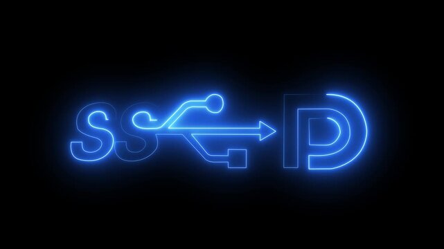 Futuristic SSD technology concept with glowing neon icons representing business growth success and innovation on a dark blue digital background. 4k video motion graphic animation .