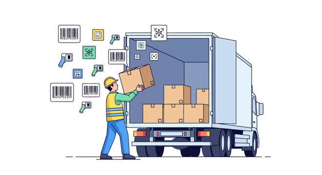 Logistics worker loading boxes into a delivery truck with scanners.