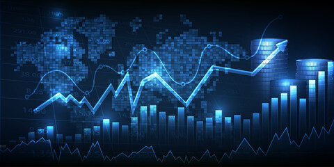 Naklejka premium Vector illustrations of abstract world economics background with coins stack and stock market growth graph or chart on world map.