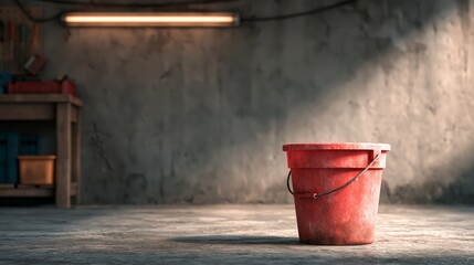 Naklejka premium Red plastic bucket positioned on a concrete floor in a dimly lit garage with a workbench and tools visible in the background