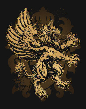 Medieval heraldic griffin vector illustration in vintage style. Fantasy vector art featuring a mythical beast for posters and branding.