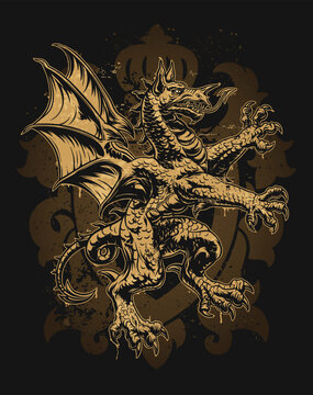 Medieval heraldic dragon vector illustration in vintage style. Fantasy vector art featuring a mythical beast for posters and branding.