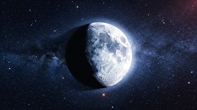Bright crescent moon glowing against a background of countless distant stars and cosmic nebulae in a deep black space environment, high resolution astronomical night sky observation.