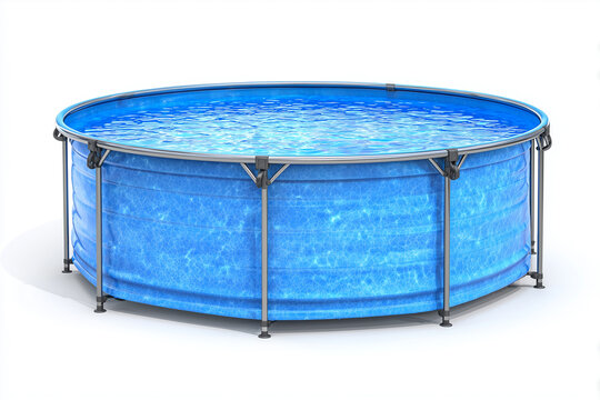 Round portable swimming pool with white background.