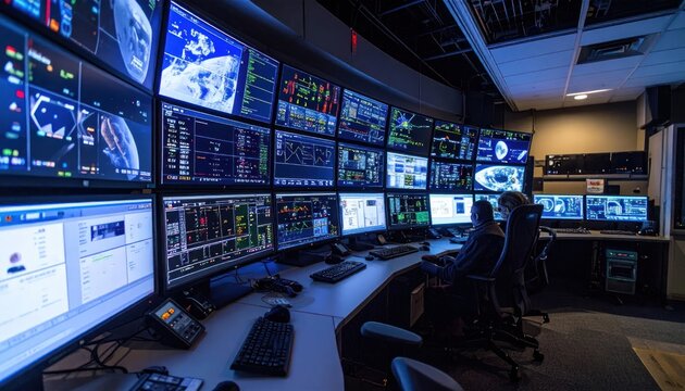 Dark Mission Control Room Monitoring Multiple Data Screens in Technology Operations Center