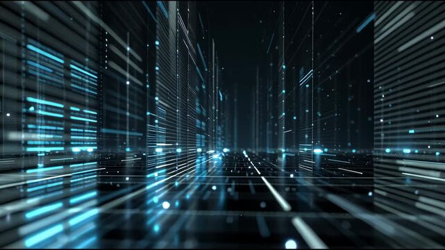 A sleek, black and blue digital workspace with glowing data flow and holographic interfaces; a cinematic tech business atmosphere.