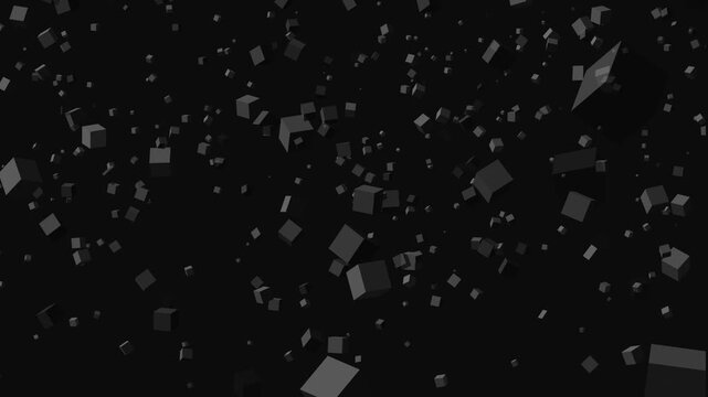 Monochrome black cubes scattered in top-down abstract spatial layout
