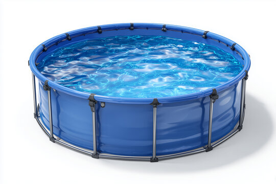 Round portable swimming pool with white background.