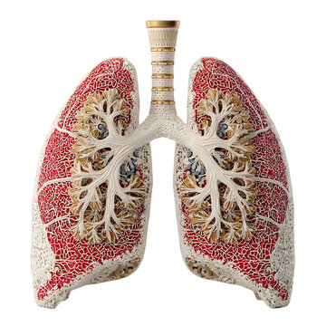 Detailed 3D render of human lungs and trachea showing internal structure. beige and red