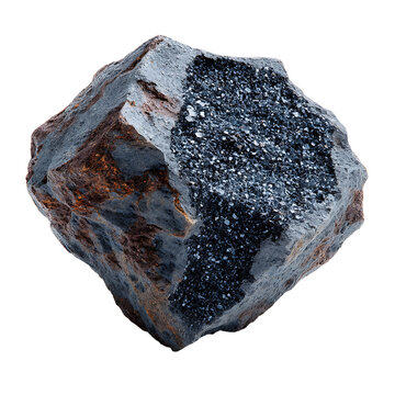 Rough dark metallic mineral specimen with sparkling crystal inclusions and rusty brown matrix. stu