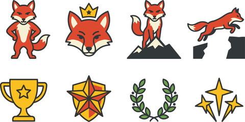 Fox Mascot and Achievement Icon Set with Crown, Trophy, Shield, Laurel Wreath, and Mountain Climbing Symbols for Gaming Badges and Logos © MinnatunAkter