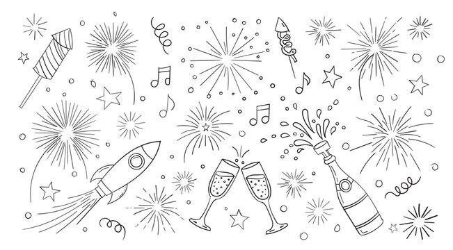 Hand drawn doodle set for New Year's Eve and celebrations. Features fireworks, champagne, glasses, rocket, music notes, stars, confetti. Ideal for holiday designs, party invitations, coloring.