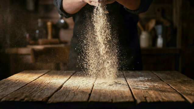 old wooden table and flour