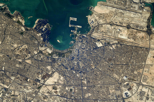 Aerial view of city of Doha map area