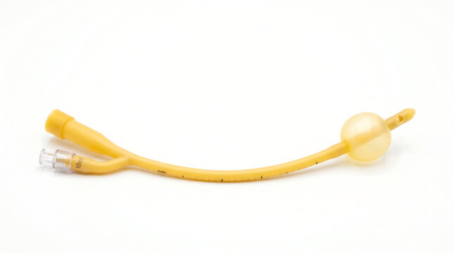 A sterile medical device for urine drainage, a urinary catheter with a balloon for retention, isolated on a white background, representing a healthcare tool