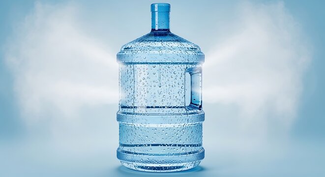 Large plastic water bottle jug for hydration and water delivery service standing on a blue background. 5 gallon jug