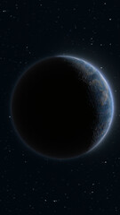 Fototapeta premium Dark planet with glowing rim light against a starry deep space background, evoking mystery, astronomy, and cosmic exploration.