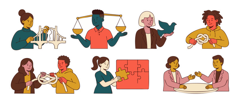 Business Metaphor People Icons Set, Collaborative Problem Solving and Strategy Illustrations, Diverse Professional Characters Showing Teamwork, Conflict Resolution, Balance and Unity Concept Vector