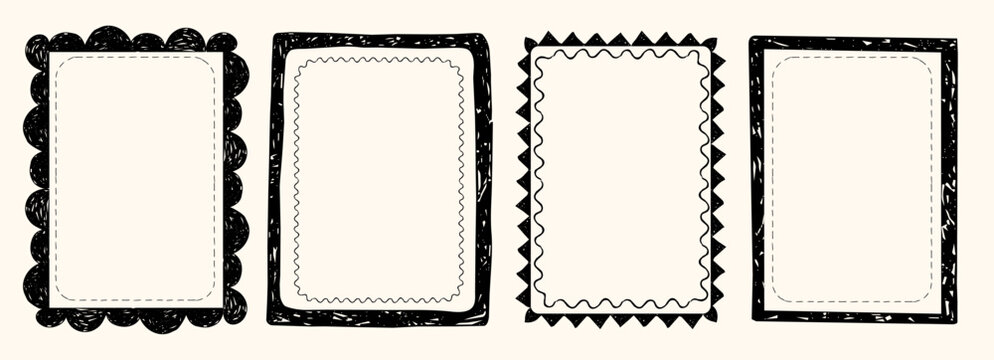 Stamp frames with border in Italian coastal style. Decorative, nautical fun scallop frame wiggle retro designs. Hand drawn pencil doodle border set.