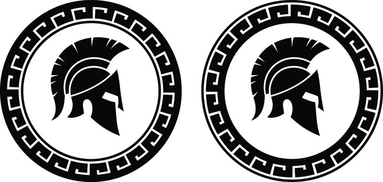 Spartan Helmet Silhouette Icon Set with Greek Key Pattern Circular Frame for Warrior Logos Mascot Tattoos and Fitness Branding