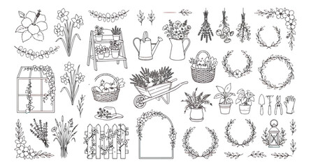 Hand drawn garden line art collection, rustic botanical floral elements and gardening tools vector set, black and white farmhouse aesthetic illustrations © chasad