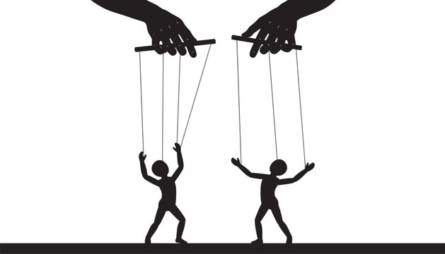 Puppet Master Controlling Human Marionettes Silhouette Representing Manipulation Power Control and Social Influence Concept