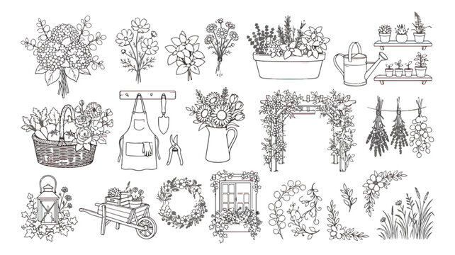 Hand drawn garden line art collection, floral gardening icons and botanical sketches, black and white flower vector set for coloring and design